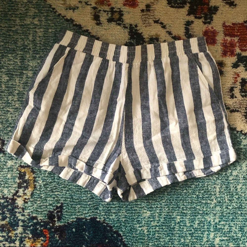 Blue and White Linen Striped Shorts